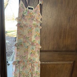 OPI Pink Floral Ruffled Maxi Dress